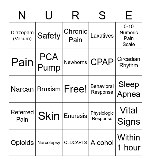 Comfort, Pain, & Sleep Bingo Card