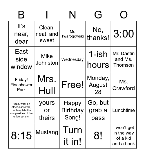 Back to School Bingo Card