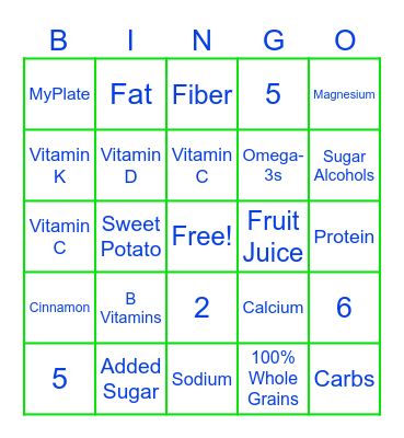 Nutrition BINGO Card