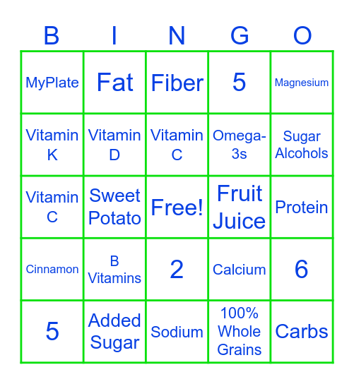Nutrition BINGO Card