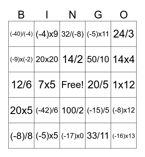 Multiplying and Dividing Integers Bingo Card