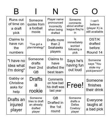 Fantasy Football Bingo Card