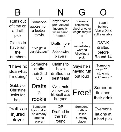 Fantasy Football Bingo Card