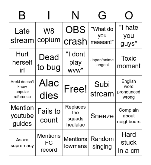 Areki stream bingo Card