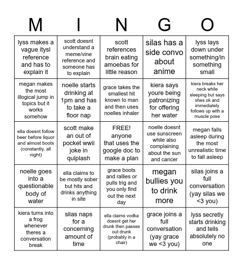 VERMONT MINGO Bingo Card