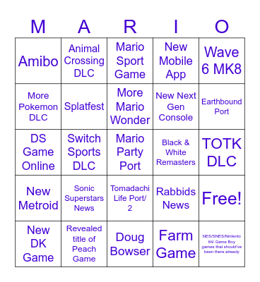 Nintendo Direct Bingo Card