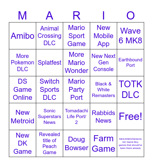 Nintendo Direct Bingo Card