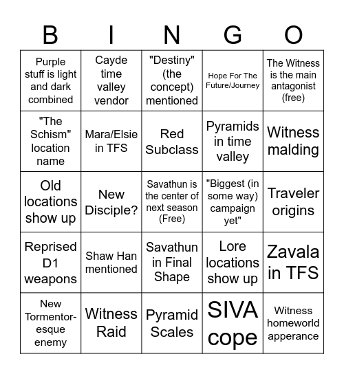 TFS Showcase Bingo Card