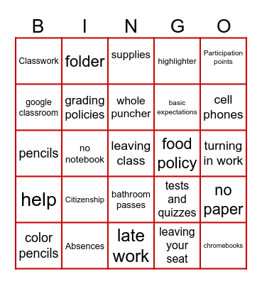 Class Procedures & Rules - Mrs Matos Bingo Card