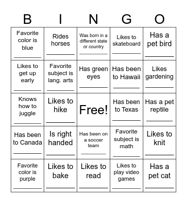 Find a Friend Bingo Card