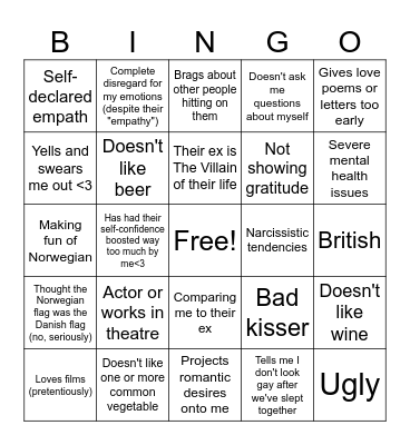 Red Flags of Women I've dated Bingo Card