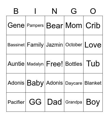 Jazmin & Gene Baby Shower Bingo Card