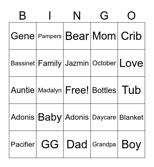 Jazmin & Gene Baby Shower Bingo Card