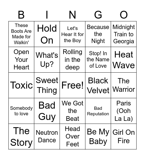 Female Vocal Bingo Card