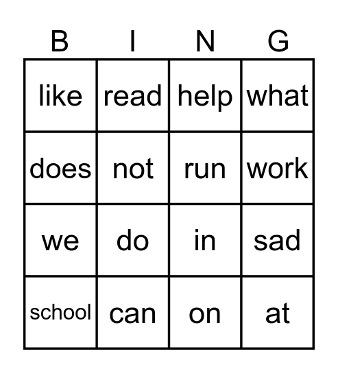 Vocabulary Review Week B & C Bingo Card