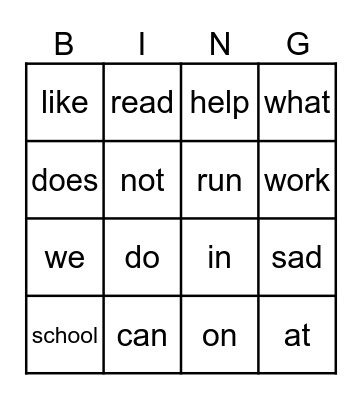 Vocabulary Review Week B & C Bingo Card