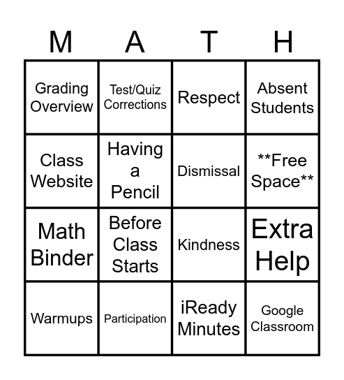 Classroom Procedures Bingo Card