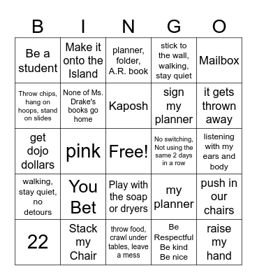 Back to School Bingo Card