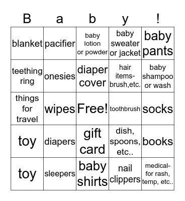 Baby Shower Bingo Card
