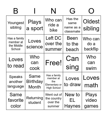 Classmate Bingo Card