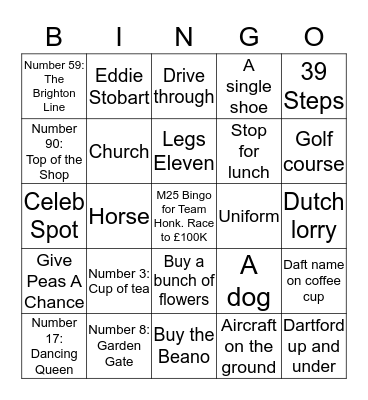 M25 Bingo for Sport Relief Bingo Card