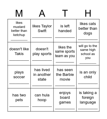 Seventh Grade Bingo Card