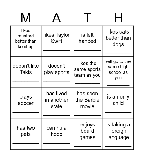 Seventh Grade Bingo Card