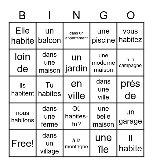 Où habites-tu? Where do you live? Bingo Card
