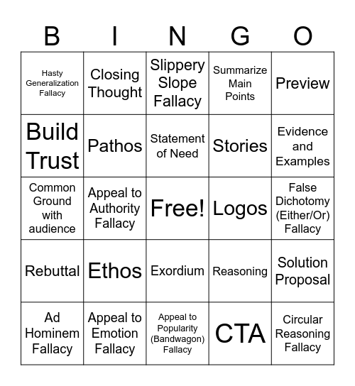 Debate Bingo Card