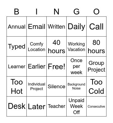 Would you rather Bingo Card