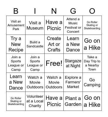 My Summer Activities Bingo Card