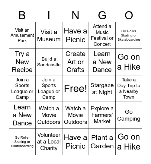 My Summer Activities Bingo Card