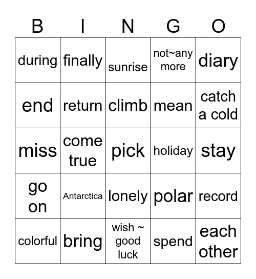 Lesson 5. New Words Bingo Card