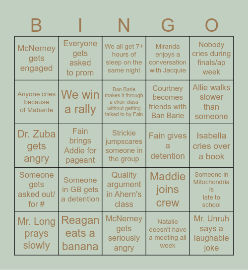 Junior Year Bingo Card! Bingo Card