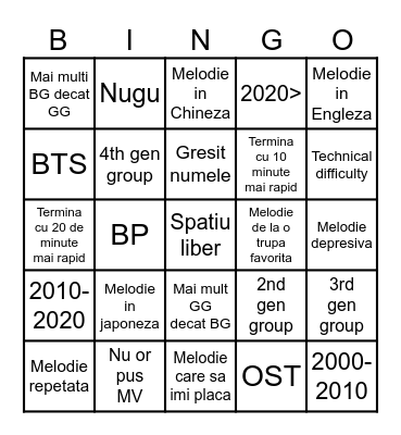 Zu TV K-pop Bingo Card