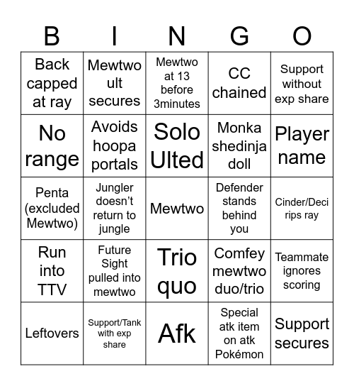 Solo/Duo/Trio Pokémon Unite Bingo Card