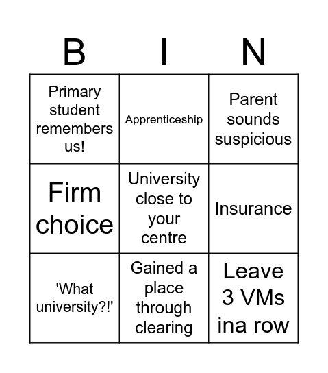 School Leaver Call Bingo Card