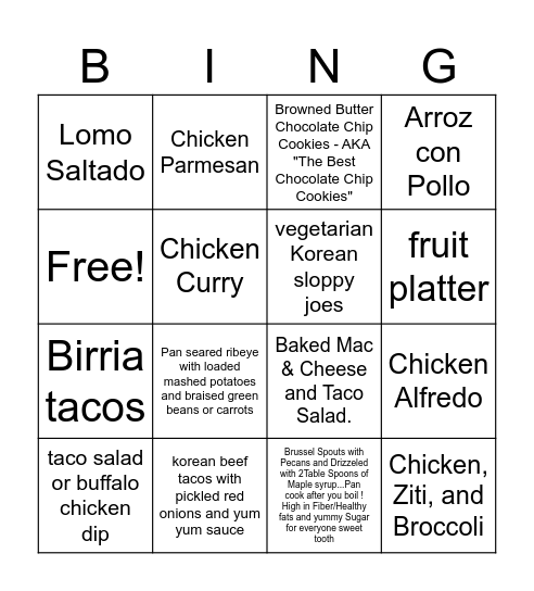 Signature Dishes Bingo Card