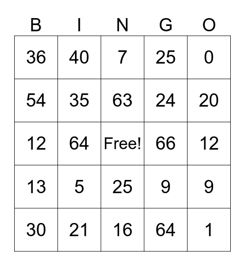 Multiplication Bingo Card