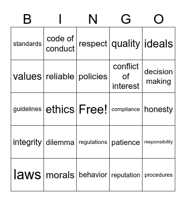 Ethics Bingo Card