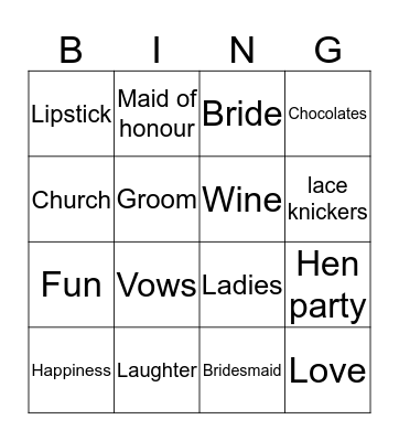 Caron's hen party Bingo Card