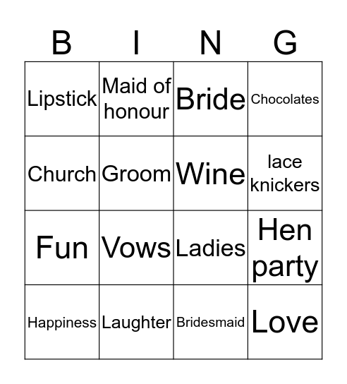 Caron's hen party Bingo Card