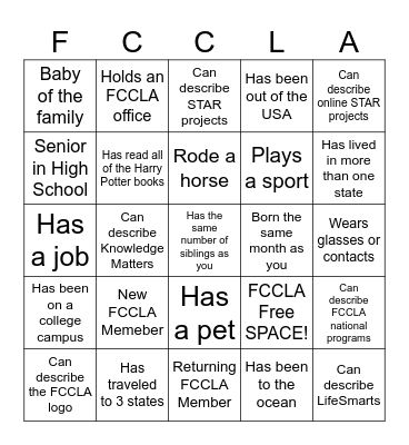 FCCLA Ice Breaker Bingo Card