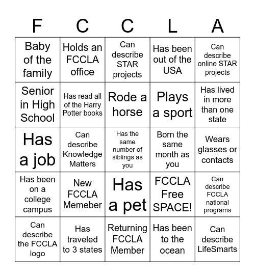FCCLA Ice Breaker Bingo Card