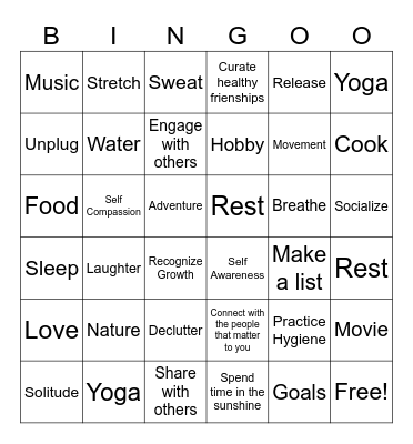 Self Care Bingo Card