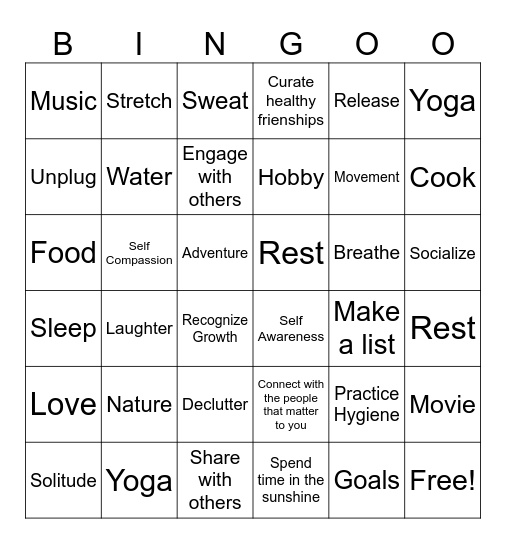 Self Care Bingo Card