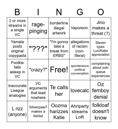 Oozmacord Bingo Card