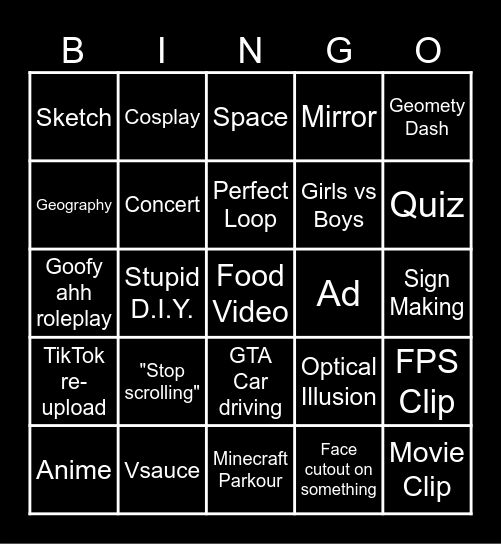 YT Shorts Bingo Card