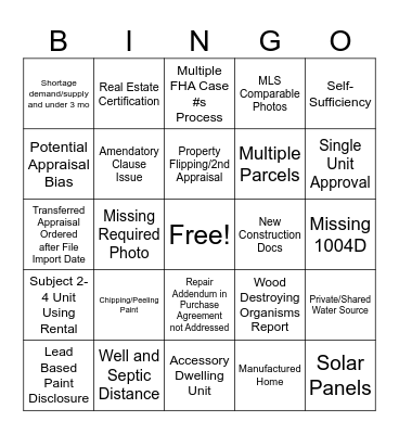 FHA Appraisal/Property Defect Category Bingo Card