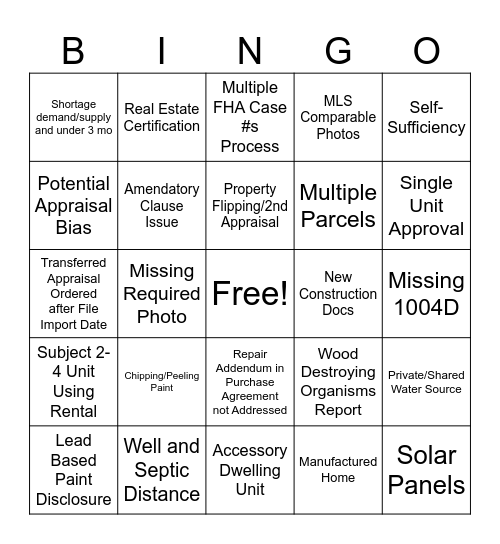 FHA Appraisal/Property Defect Category Bingo Card